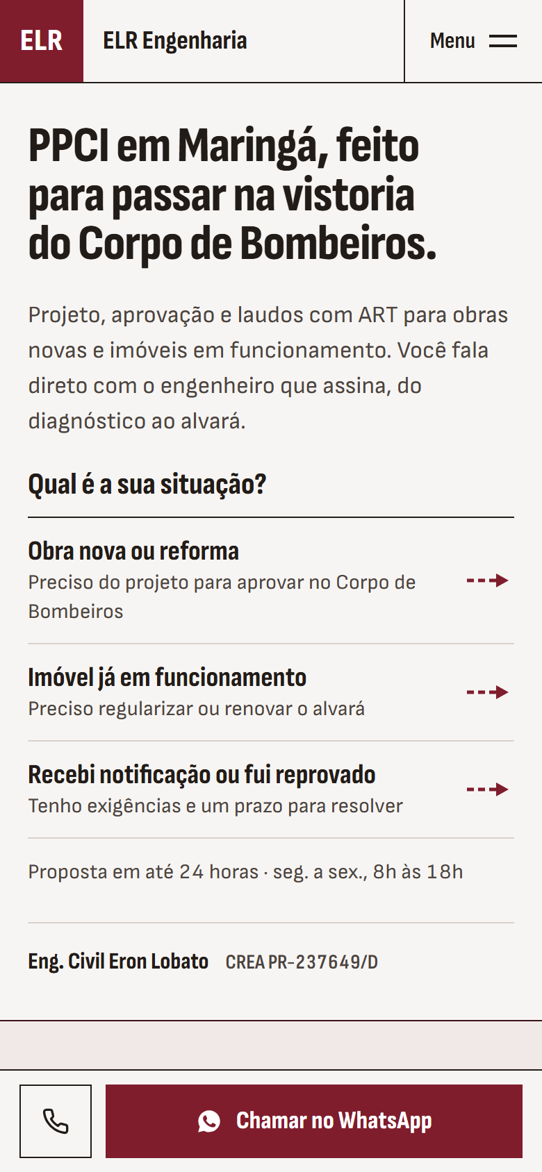 O mesmo site da ELR Engenharia aberto no celular.