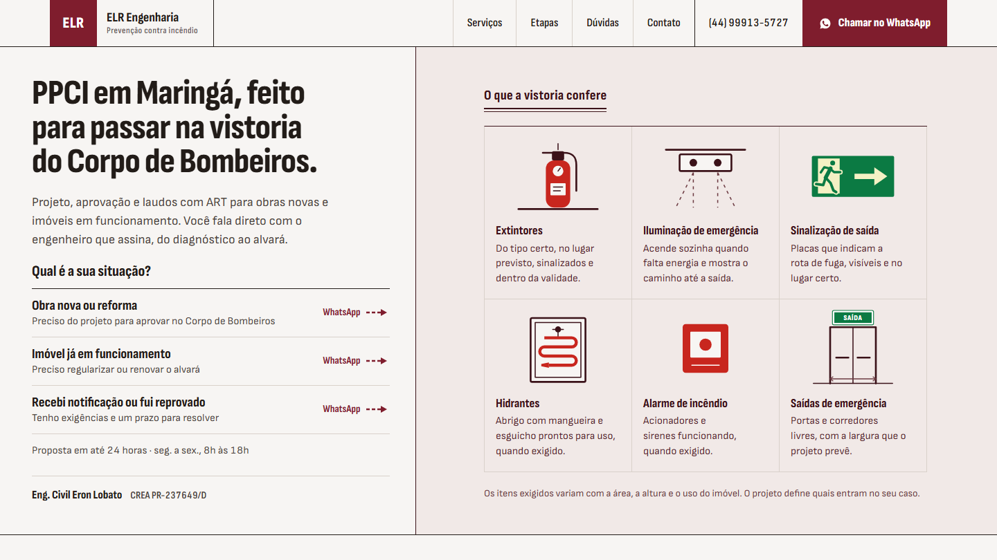 Página inicial do site da ELR Engenharia no computador: "PPCI em Maringá, feito para passar na vistoria do Corpo de Bombeiros", ao lado do painel com o que a vistoria confere.